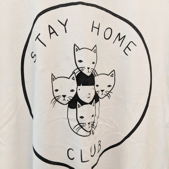 Stay Home Club boxy oversize white crest cotton t-shirt cat kitty L XL XXL - Picture 2 of 2
